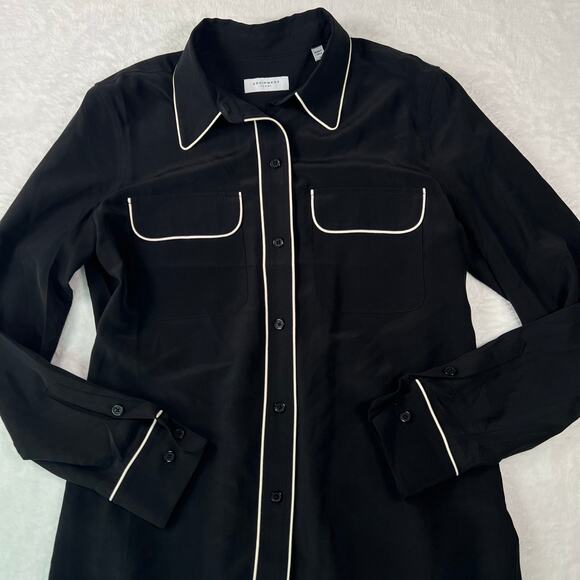 Equipment Femme Silk Black with White Piping Button-Up Shirt Size Small - Picture 2 of 9